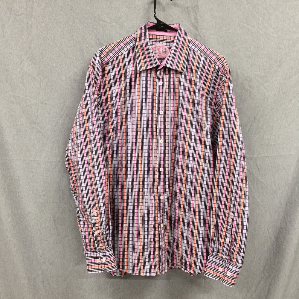 Bugatchi‎ Uomo Mens Classic Fit Button Down Shirt Plaid Pink Orange Cotton XL